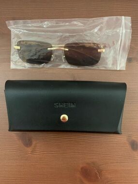 Gold Frame Brown Lens Rimless Sunglasses with Black Case